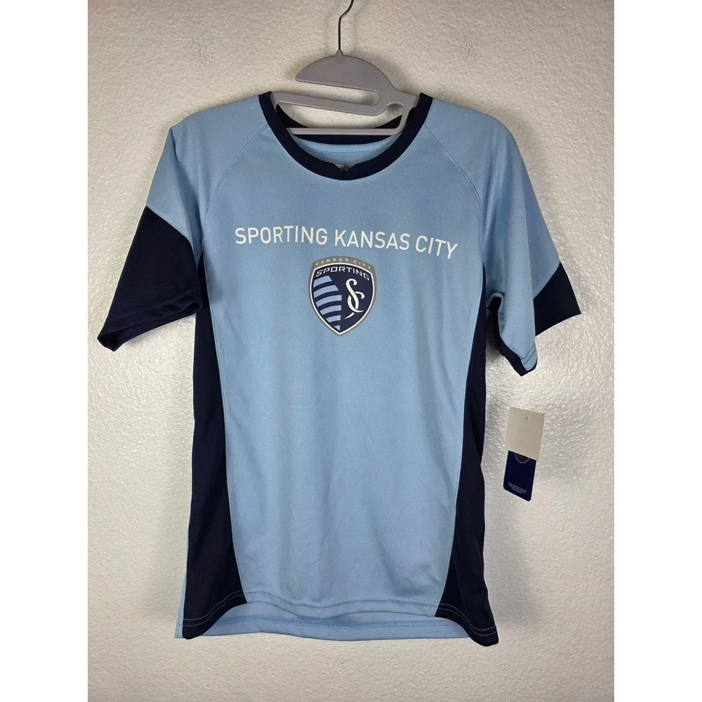 MLS Sporting Kansas City Boys Jersey Light Blue Navy Size L 12/14 96 Graphic